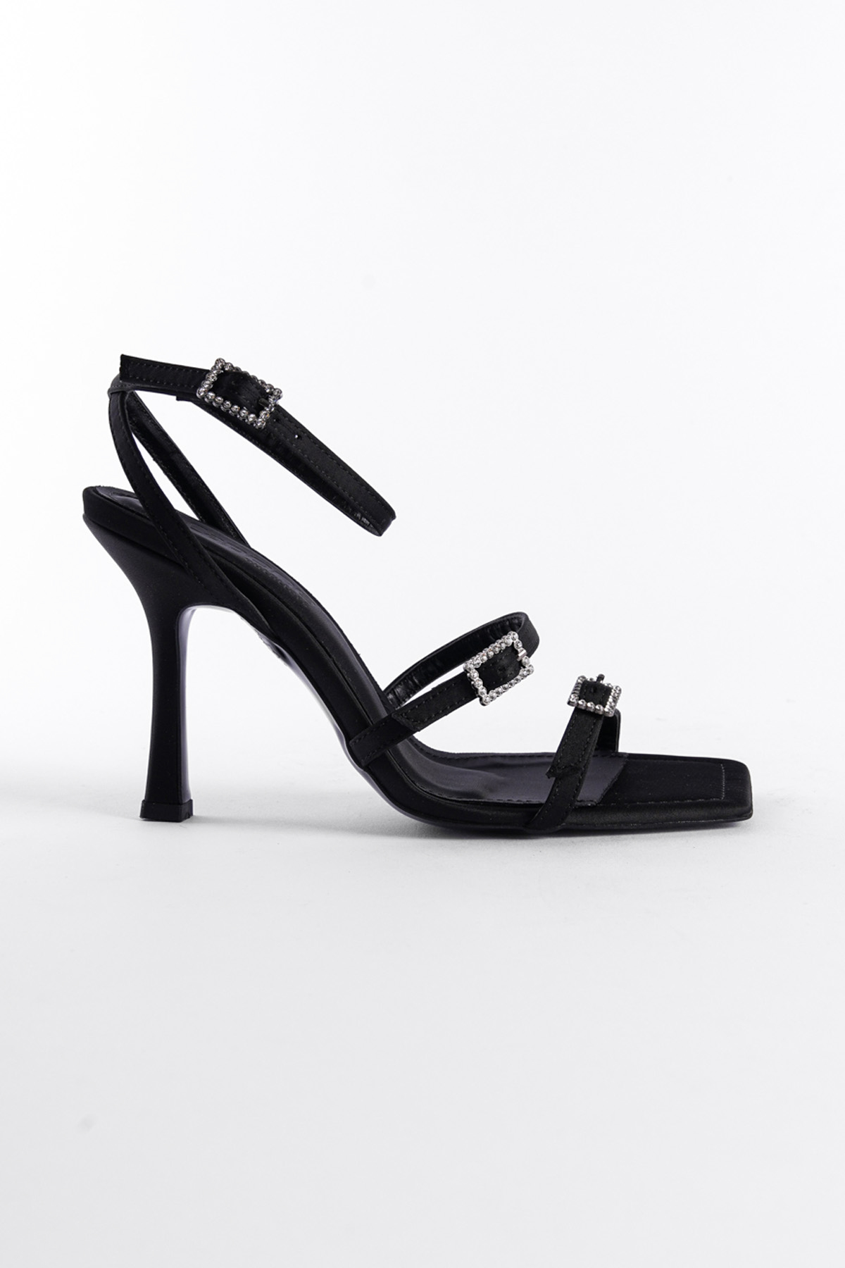 Capone Stone Buckle High Heeled Blunt Toe Women Satin Black Sandals