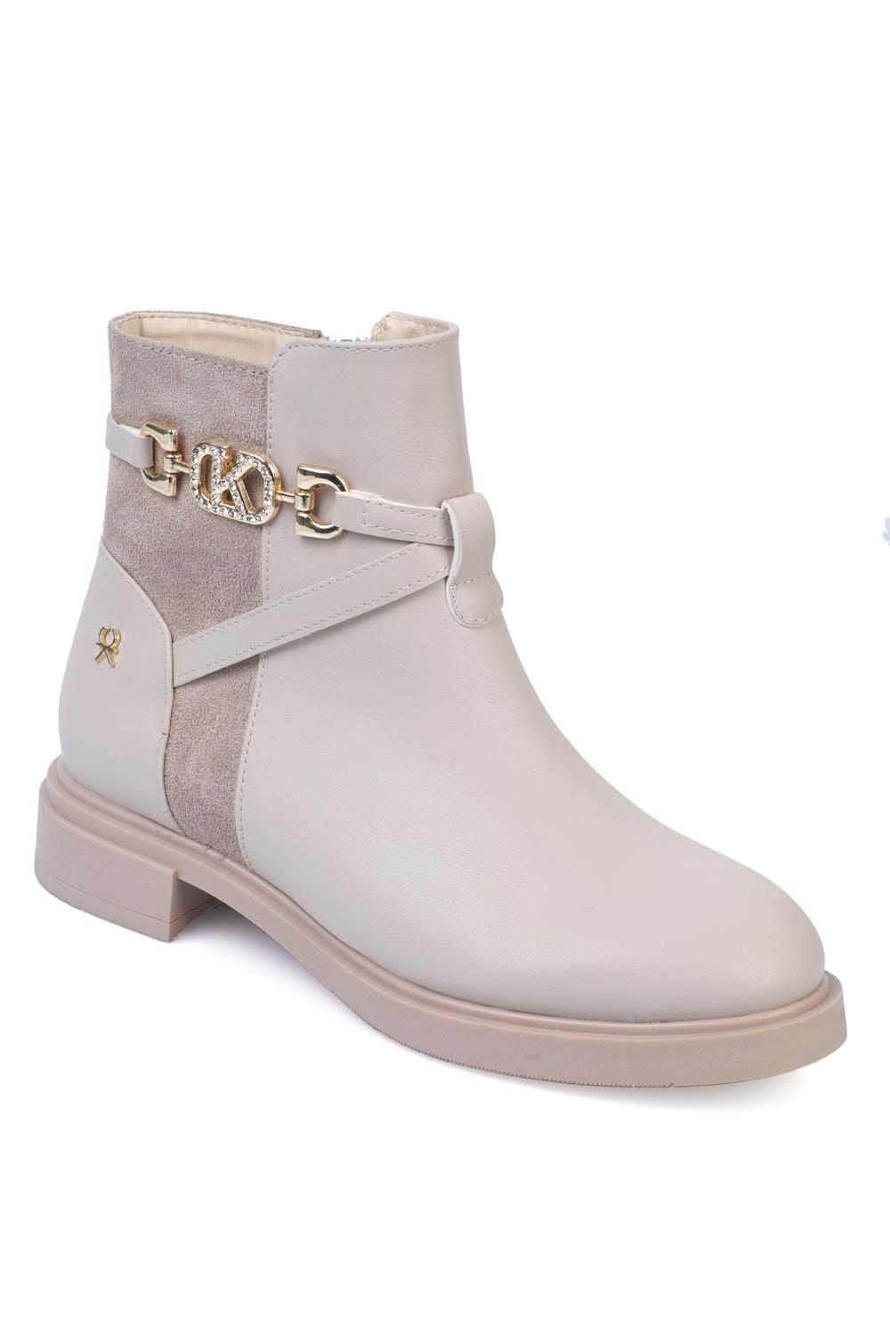Capone Stone-Studded Buckled Zippered Women Nude Ankle Boots