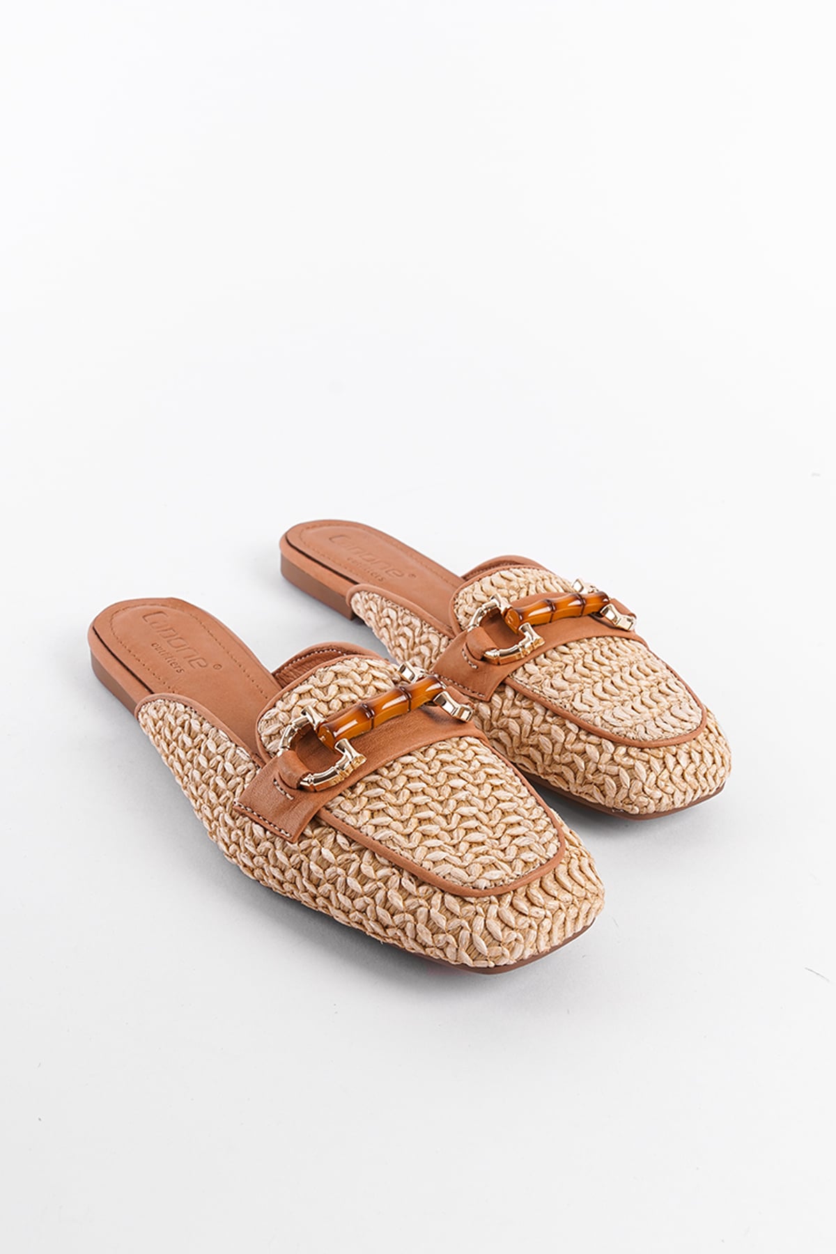 Capone Straw Buckle Genuine Leather Women Tan Short Heeled Closed Women Tan Sandals
