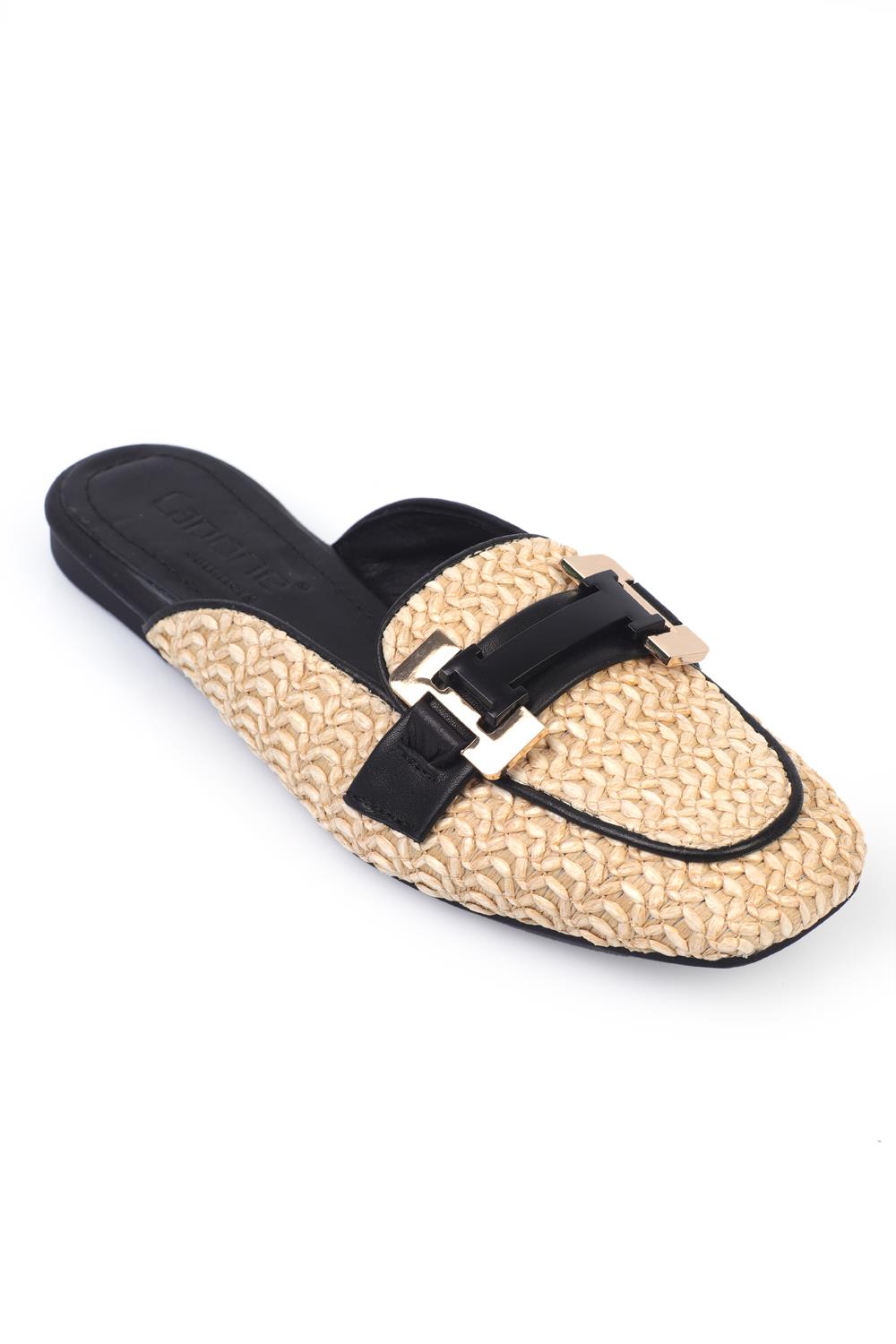 Capone Straw Buckle Genuine Leather Women Black Short Heeled Closed Women Black Sandals