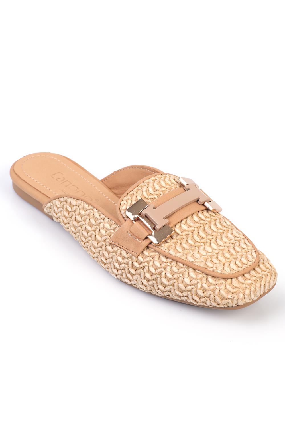 Capone Straw Buckle Genuine Leather Women Nude Short Heeled Closed Women Nude Sandals