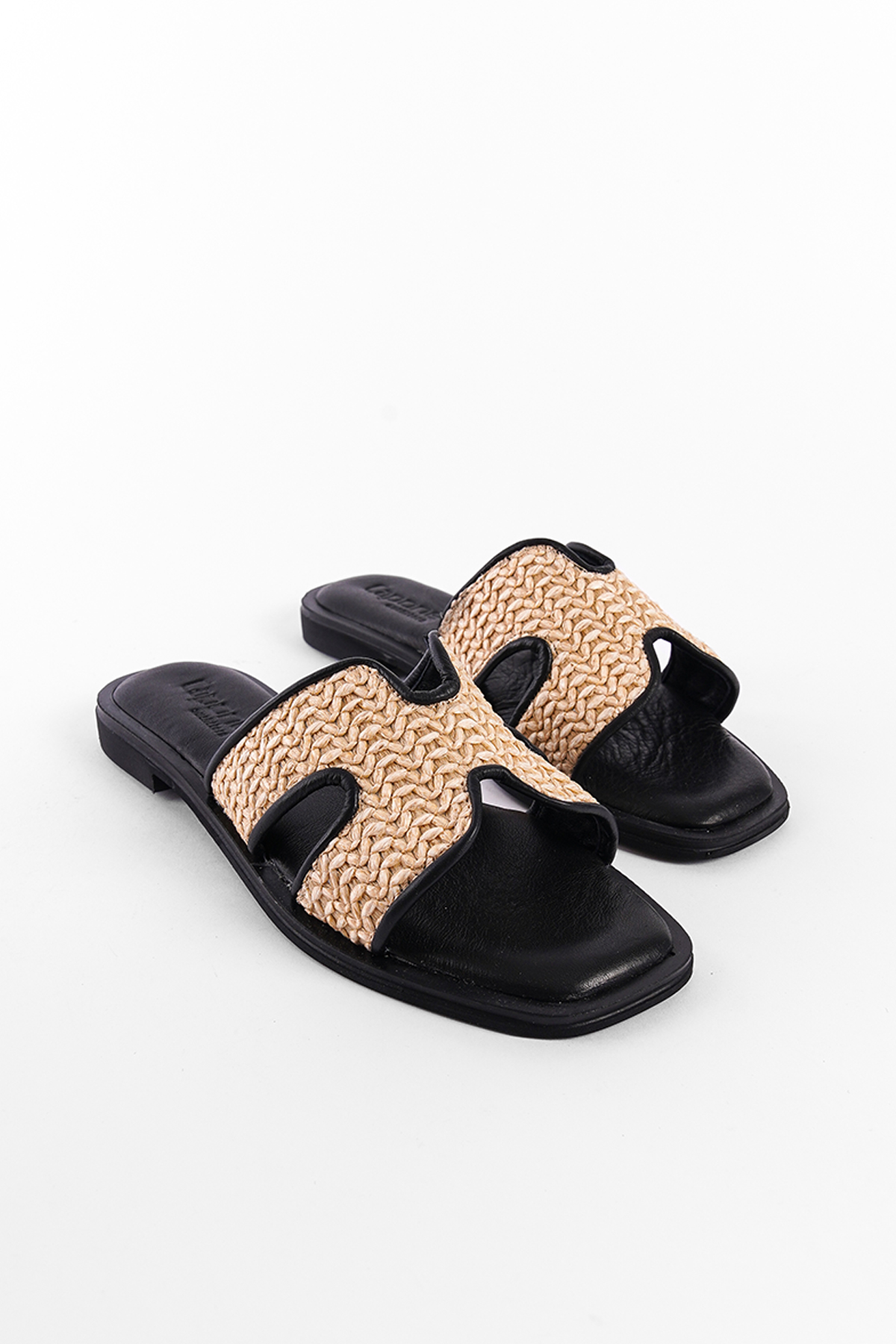 Capone Straw Genuine Leather H-Strapped Flat Heeled Women Black Sandals