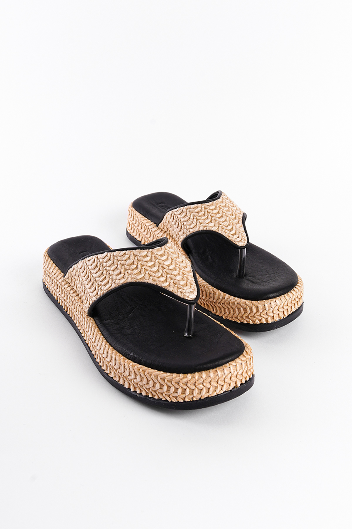 Capone Straw Genuine Leather Women Black Thong Sandals