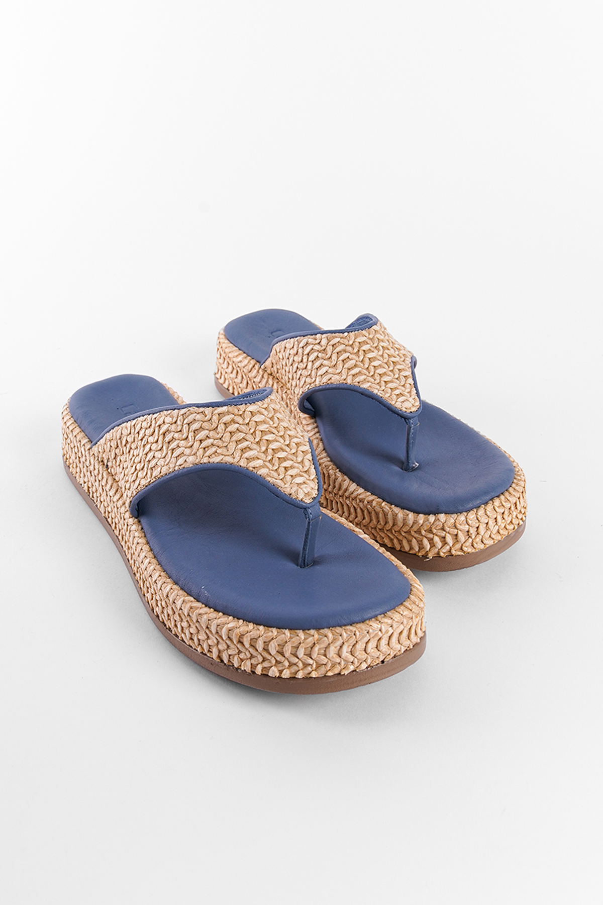 Capone Straw Genuine Leather Women Blue Thong Sandals