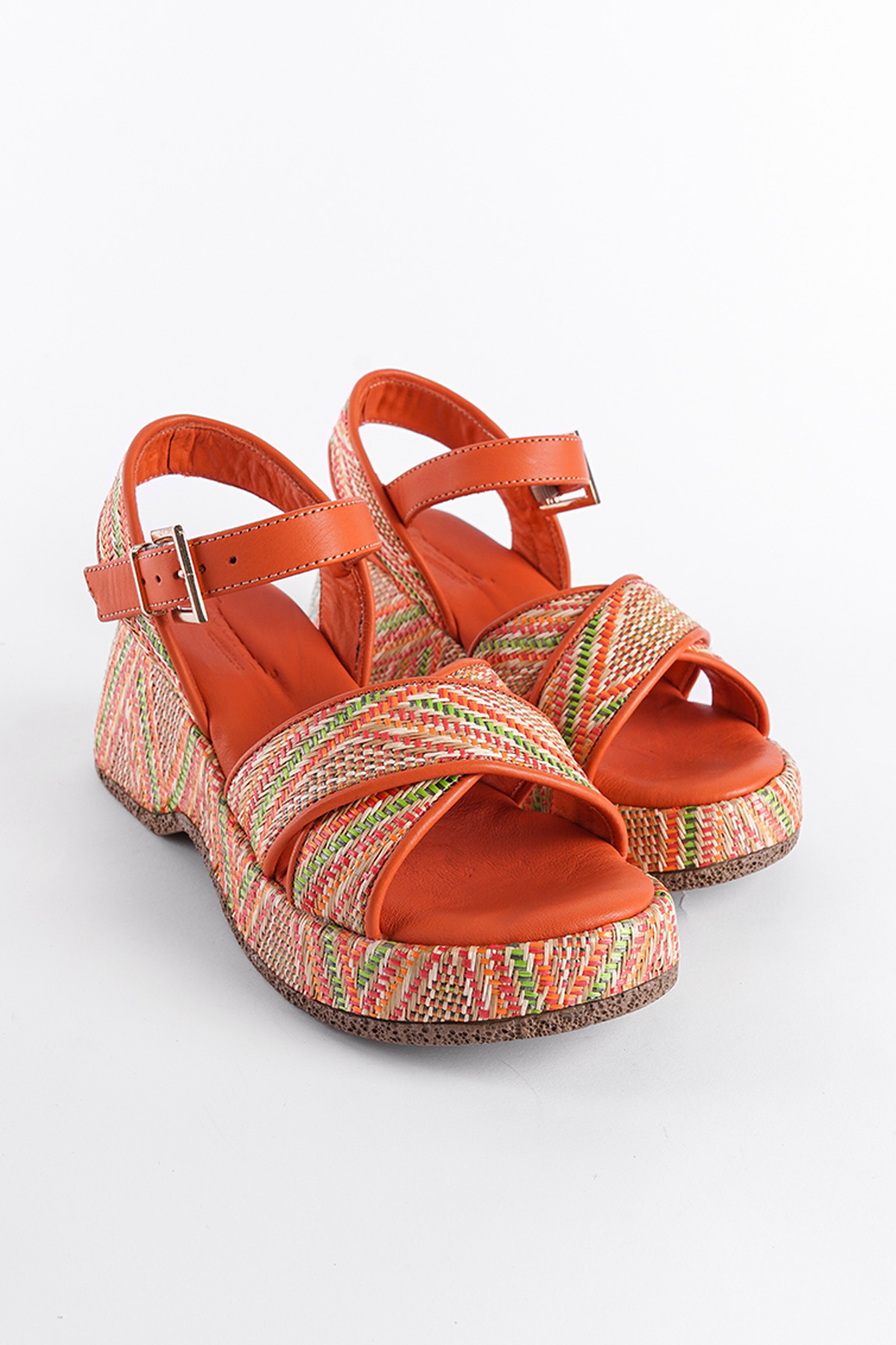 Capone Straw Sole Genuine Leather Cross Strap Comfort Women Orange Sandals
