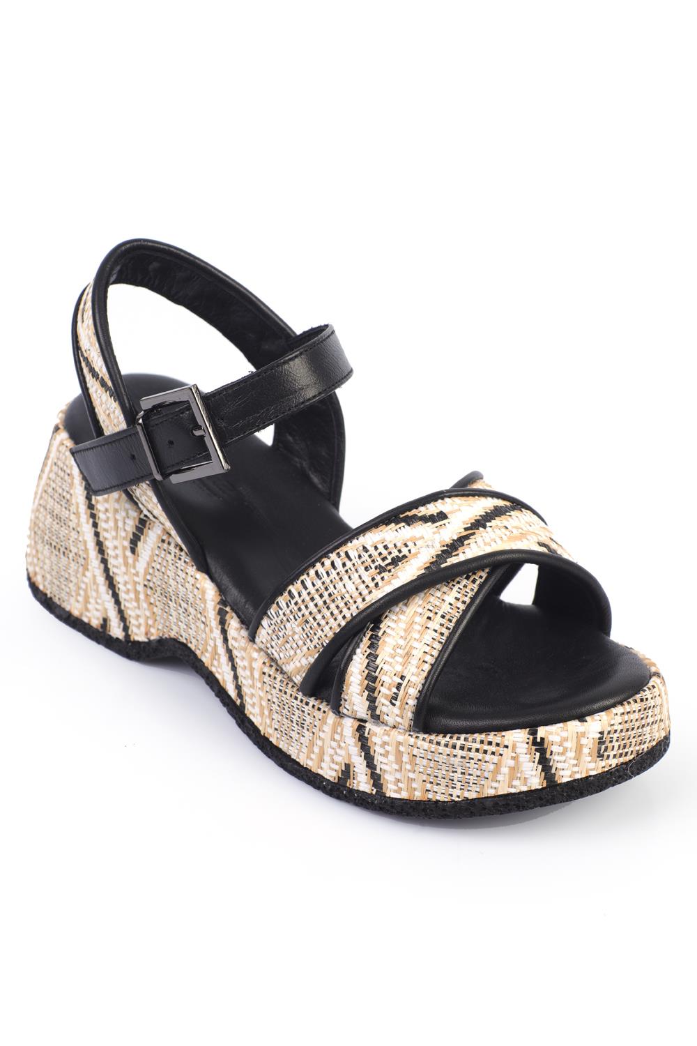 Capone Straw Sole Genuine Leather Cross Strap Comfort Women Black Sandals