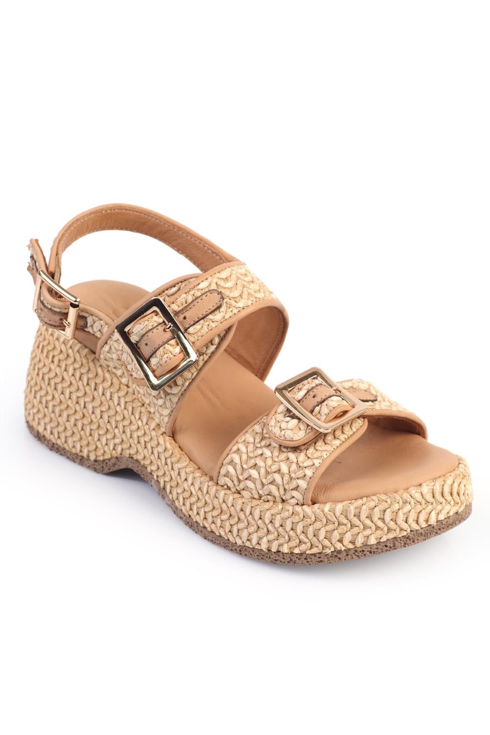Capone Straw Sole Genuine Leather Double Buckle Comfort Women Nude Sandals
