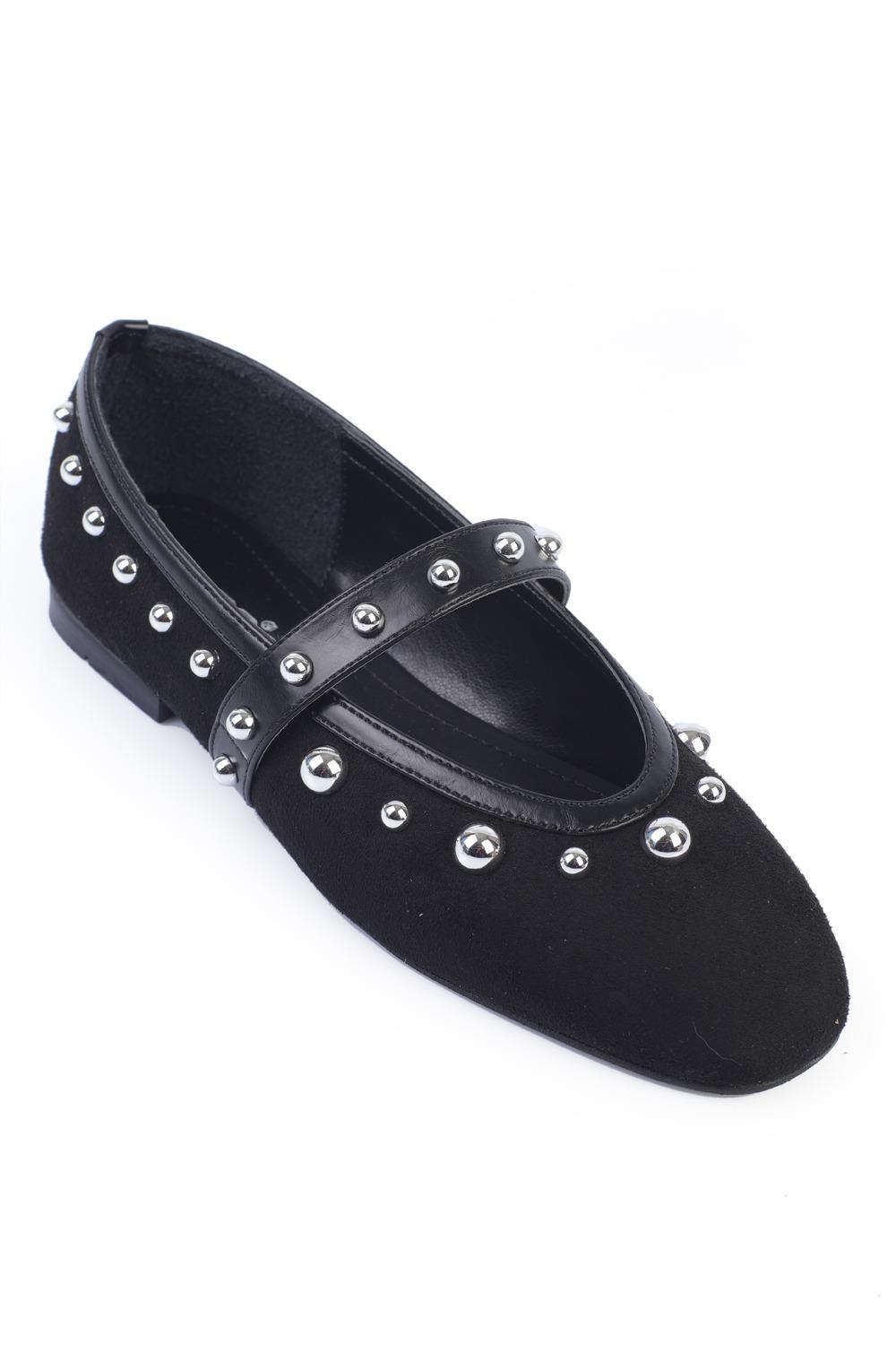 Capone Studded Faux Suede Women Black Ballerinas
