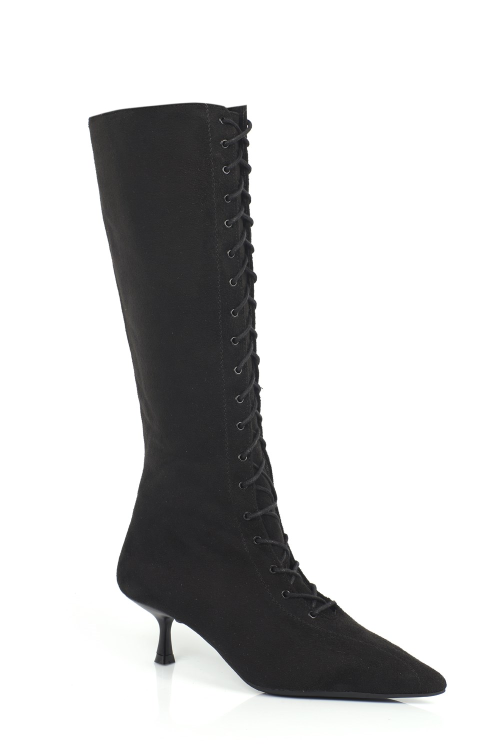 Capone Suzanne Suede Look Pointed Toe Lace-Up Mid Heel Elegant Women Sued Black Boot