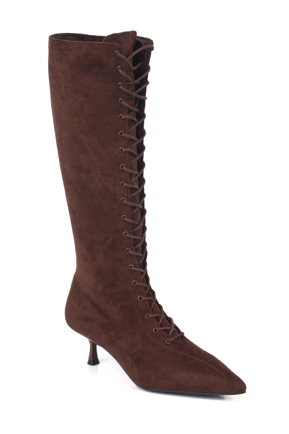 Capone Suzanne Suede Look Pointed Toe Lace-Up Mid Heel Elegant Women Sued Brown Boot