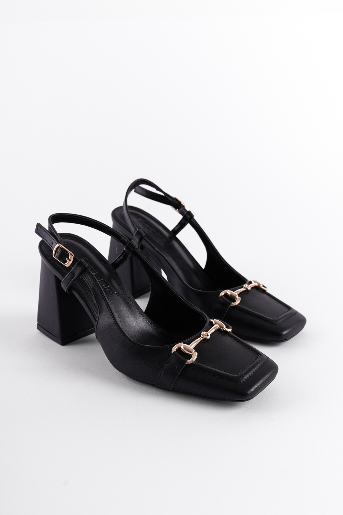 Capone Thick Heeled Open Back Buckle Flat Toe Women Black Shoes