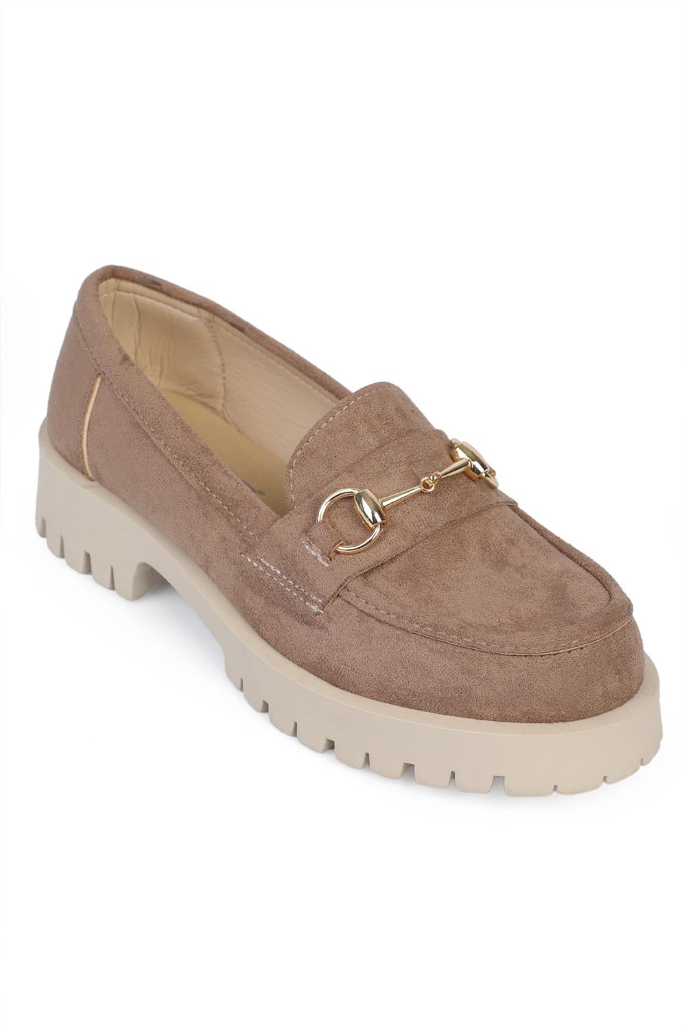 Capone Track Sole Metal Buckle Women Suede Camel Loafer
