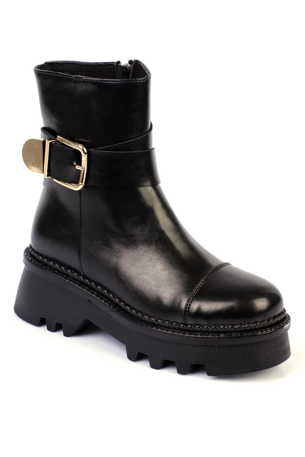 Capone Track Sole Metal Buckled Side-Zippered Women Black Long Boots