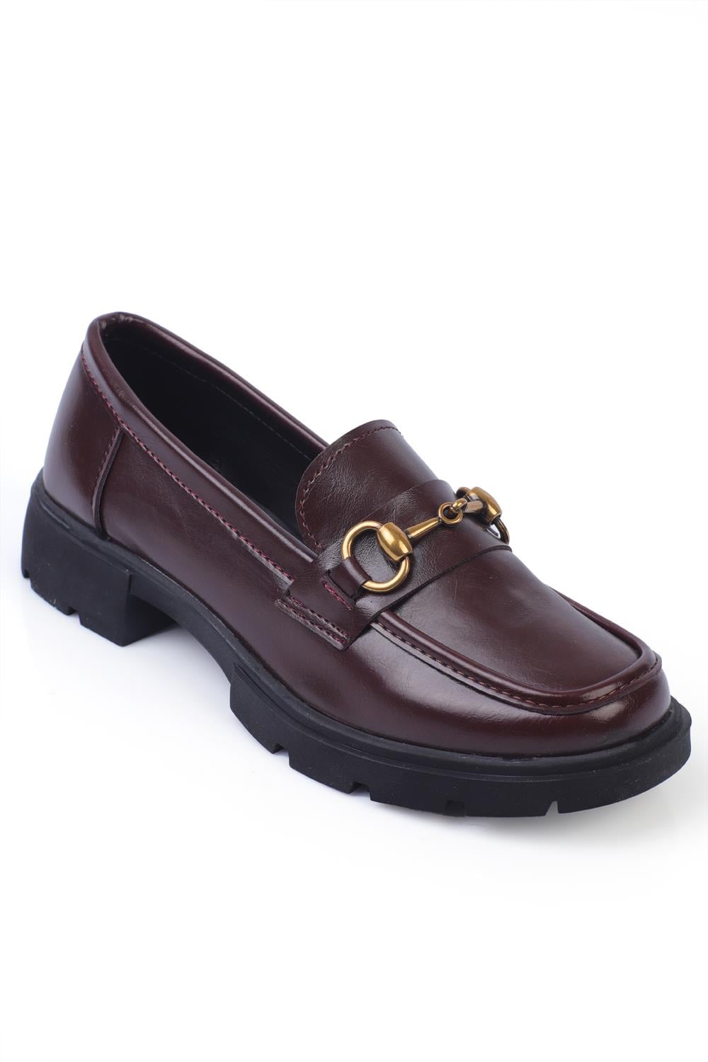 Capone Track Sole Metal Buckled Women Burgundy Loafers