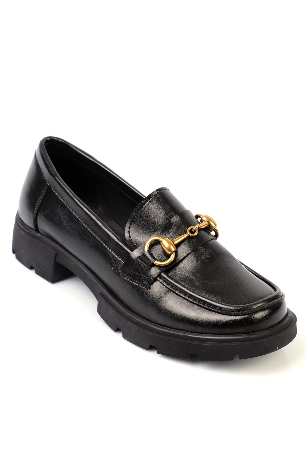 Capone Track Sole Metal Buckled Women Black Loafers