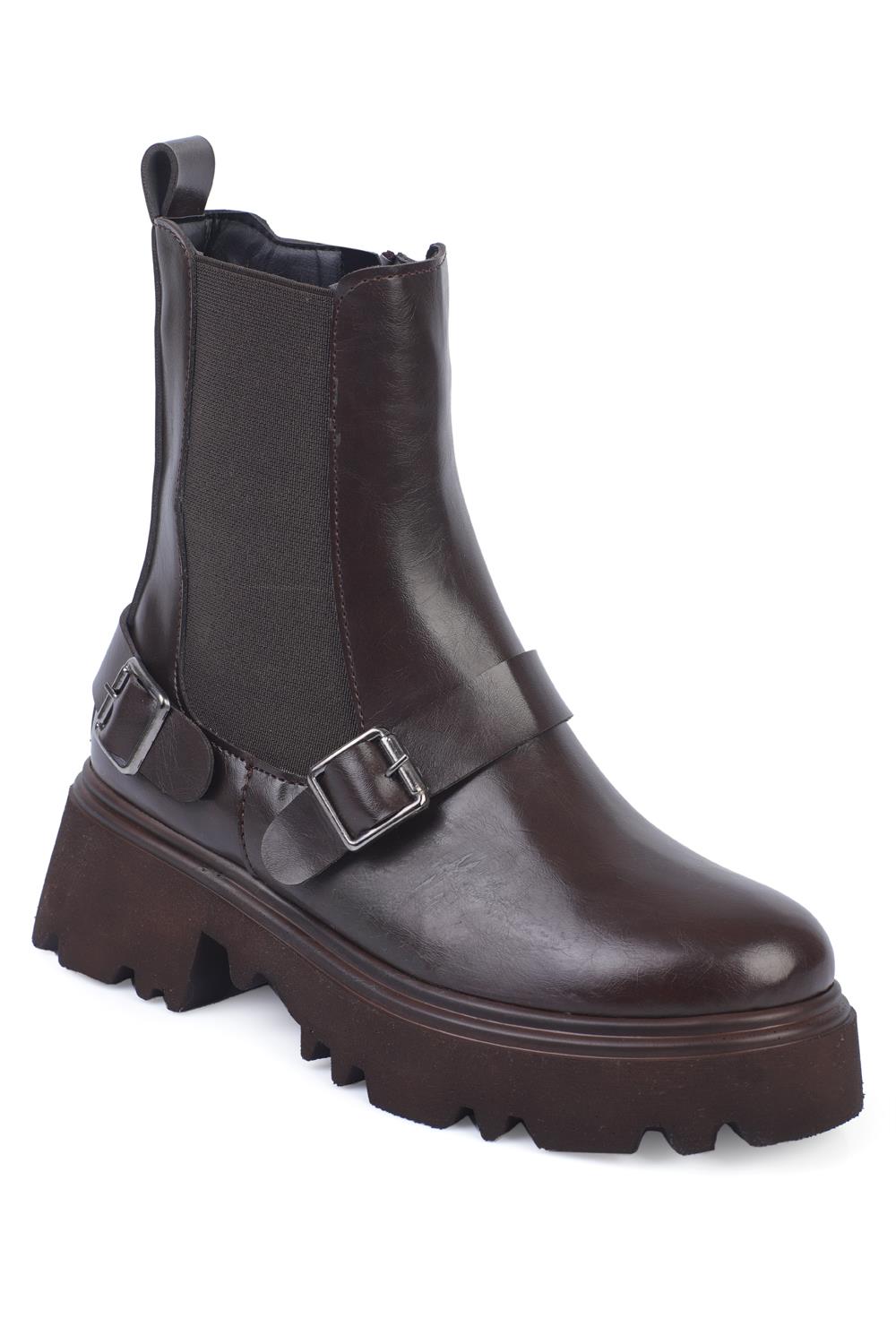 Capone Track Sole Side Elastic Buckled Women Brown Long Boots