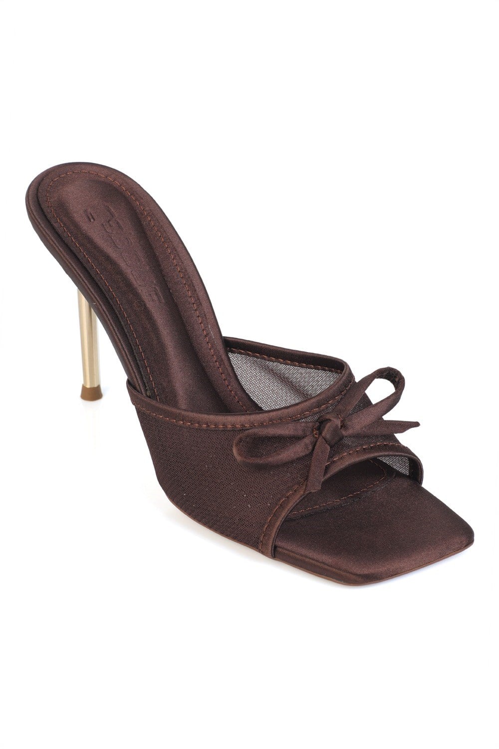 Capone Veronike High Metal Heel Mesh Bow Detail Elegant Women Satin Brown Sandal