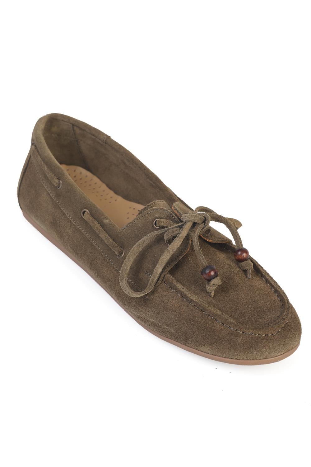 Capone Vicki  Genuine Leather Suede Lace-Up Beaded Comfort Women Green Loafer Boat Shoe