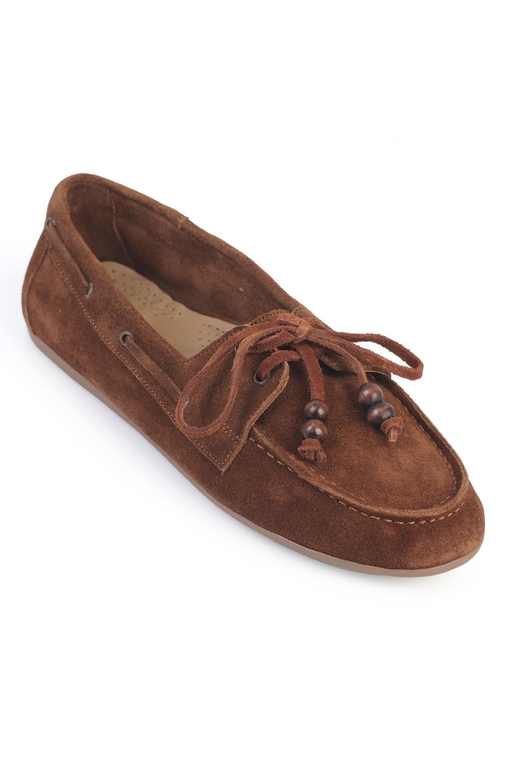 Capone Vicki  Genuine Leather Suede Lace-Up Beaded Comfort Women Walnut Loafer Boat Shoe