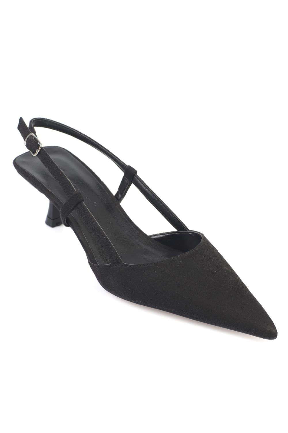 Capone  Vitoria Pointed Toe Mid Heel Square Back Slingback Women Sued Black Shoe