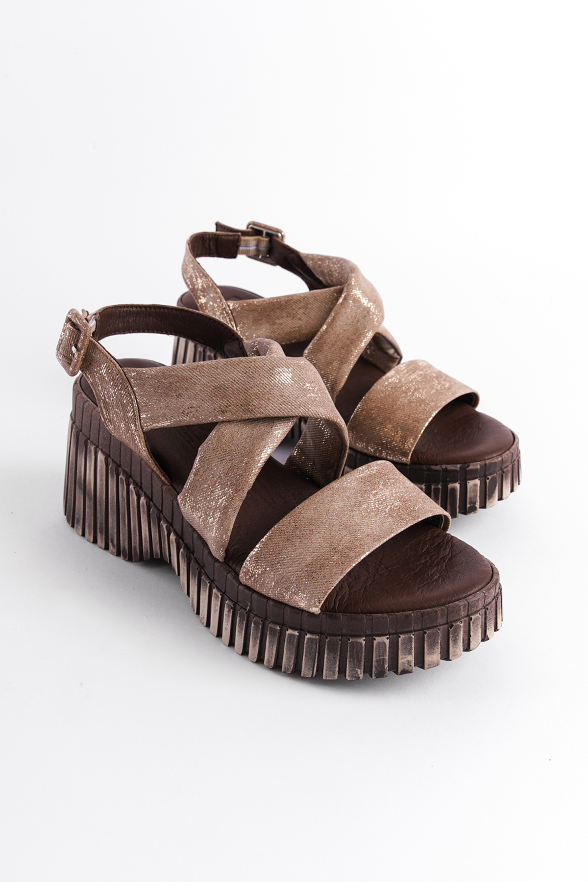 Capone Wedge Heel Comfort Genuine Leather Women Denim Mink Sandals