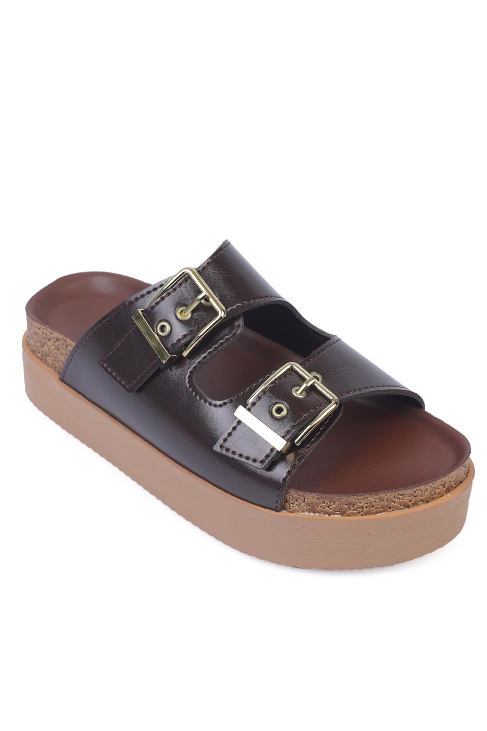 Capone Wedge Heel Double Buckle Women Brown Comfort Sandals