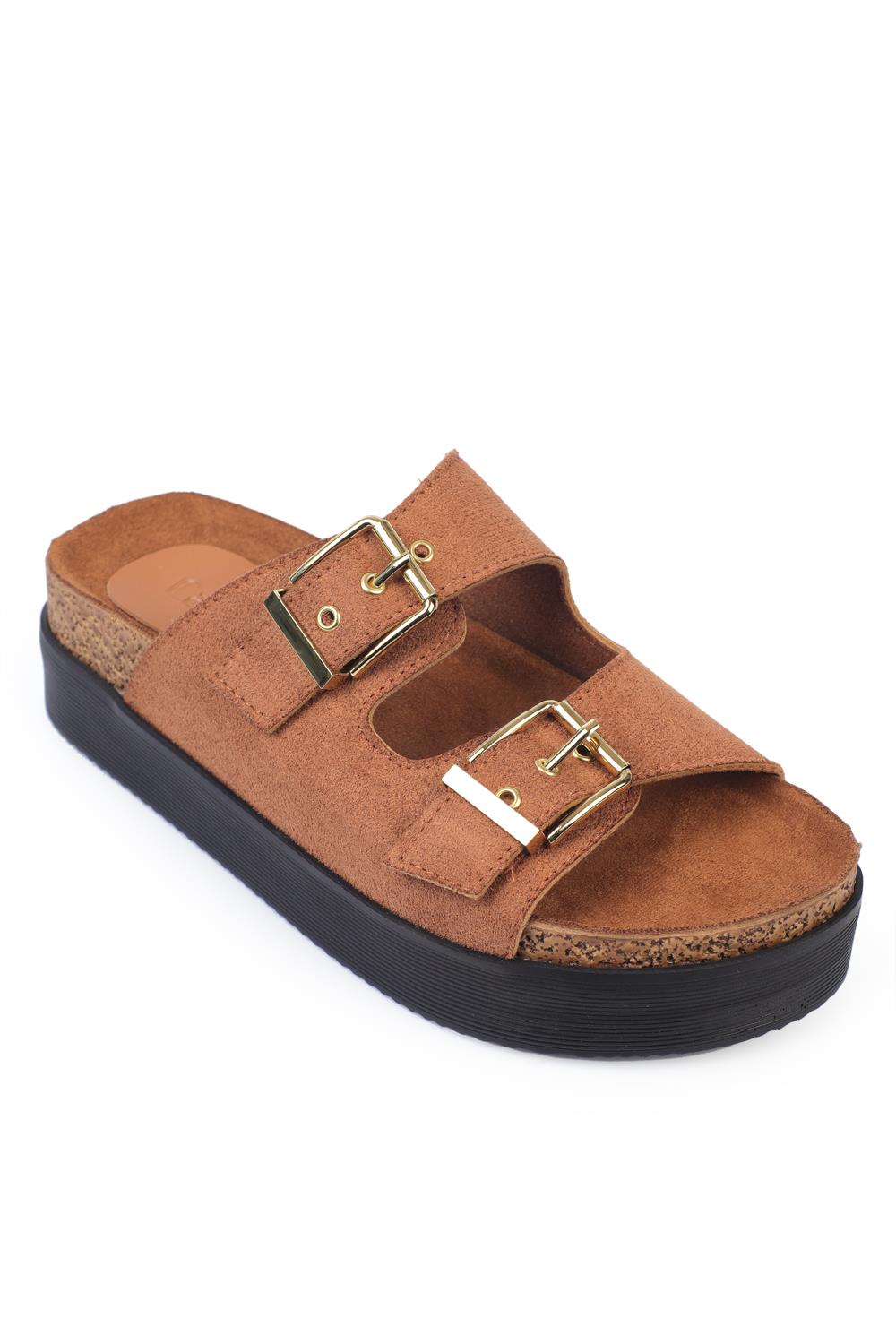 Capone Wedge Heel Double Buckle Women Tan Comfort Sandals