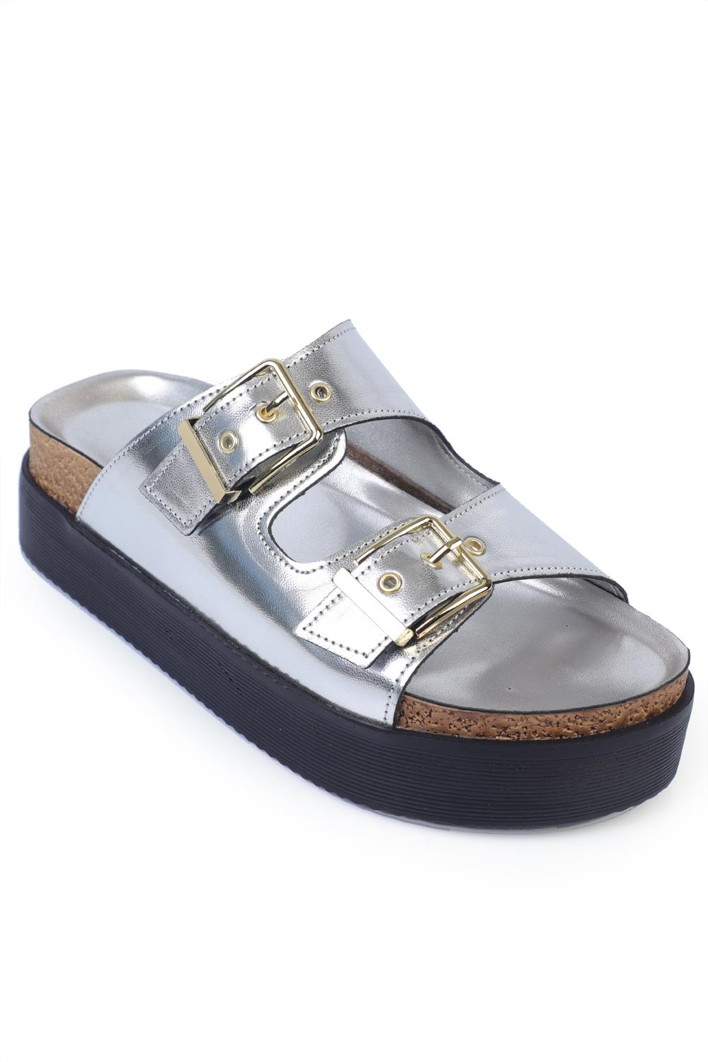 Capone Wedge Heel Double Buckle Women Metallic Silver Comfort Sandals