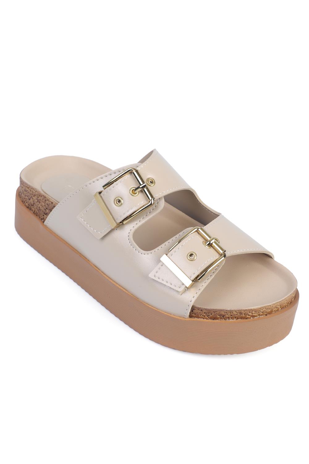 Capone Wedge Heel Double Buckle Women Beige Comfort Sandals