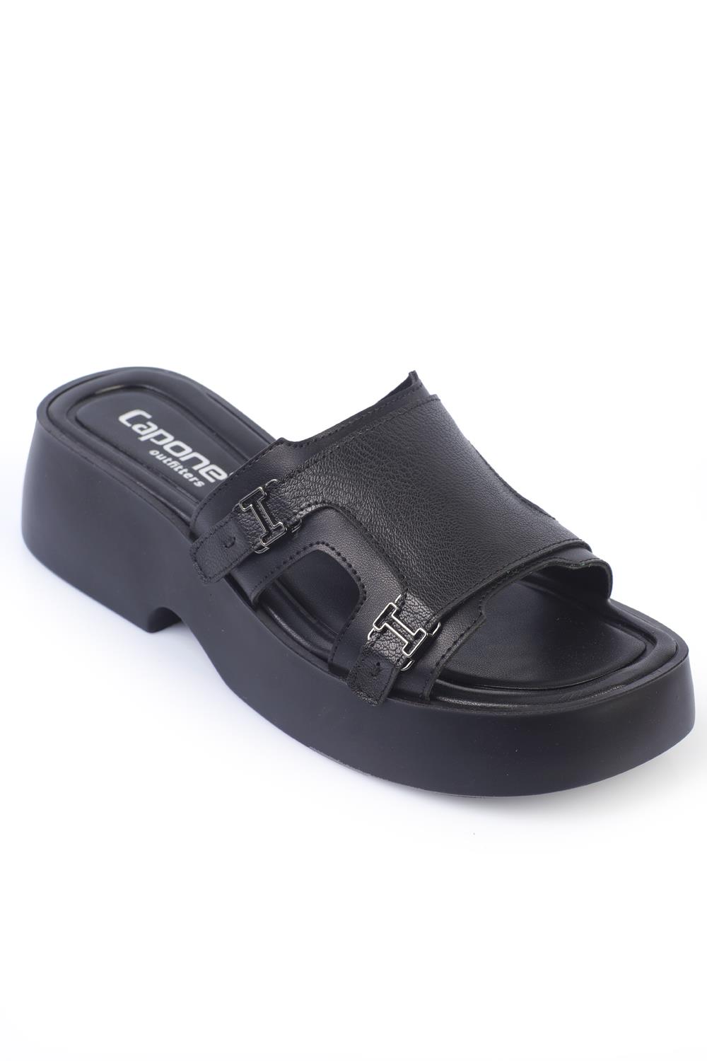 Capone Wedge Heel Double Strap Buckled Women Black Comfort Sandals