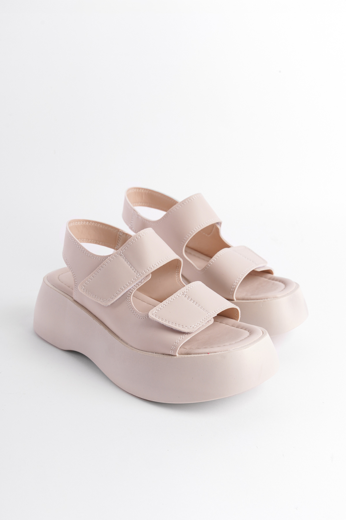 Capone Wedge Heel Double Velcro Strap Women Beige Sandals