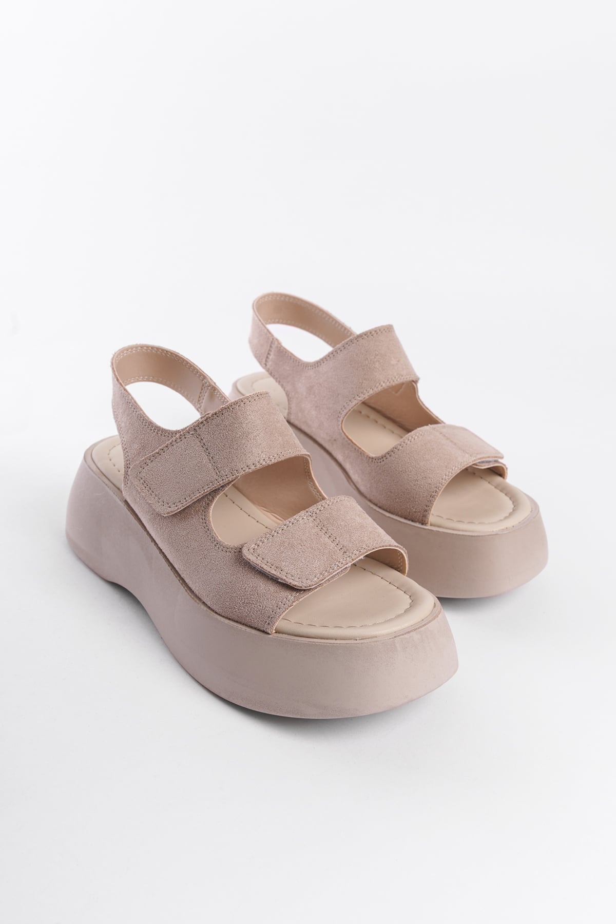 Capone Wedge Heel Double Velcro Strap Women Beıge Sandals