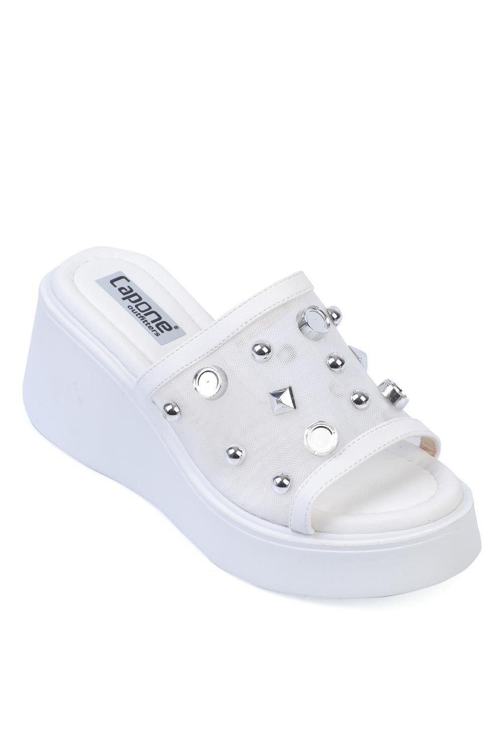 Capone Wedge Heel Genuine Leather Crystal Embellished Mesh Comfort Women White Sandals