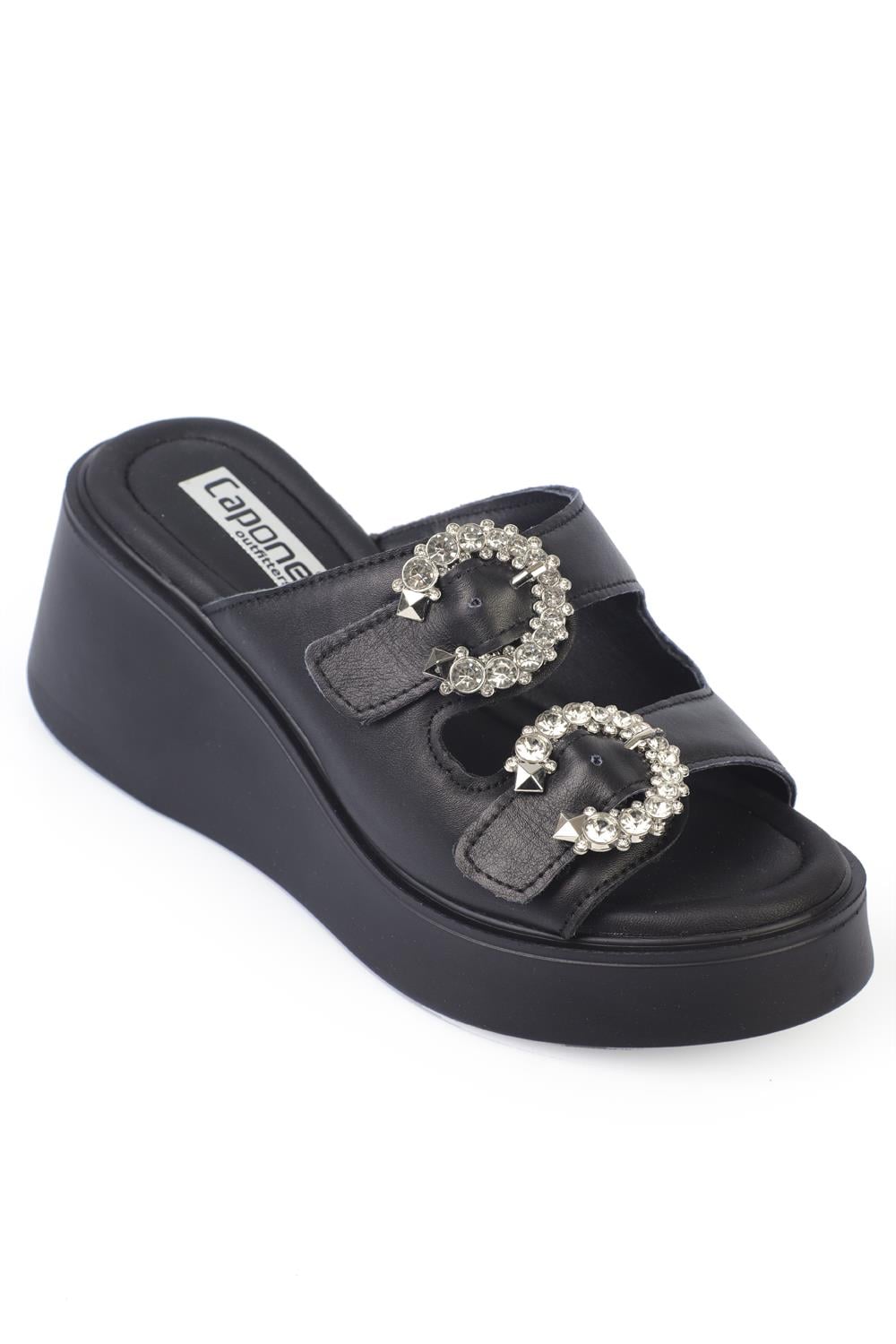 Capone Wedge Heel Genuine Leather Crystal Embellished Double-Strap Comfort Women Black Sandals