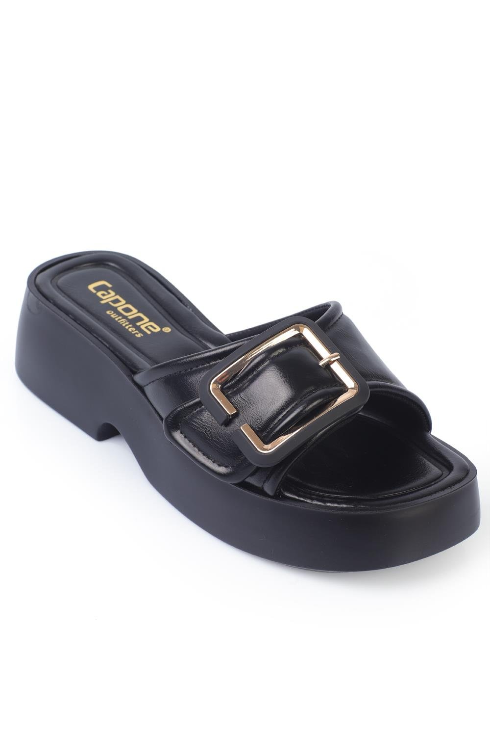 Capone Wedge Heel Single Strap Buckled Women Black Comfort Sandals