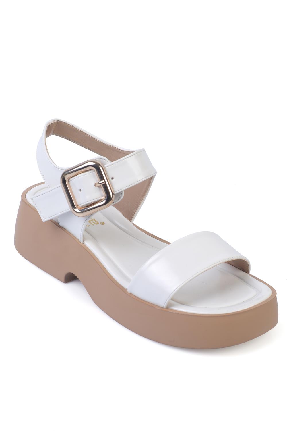 Capone Wedge Heel Single Strap Buckled Women White Comfort Sandals