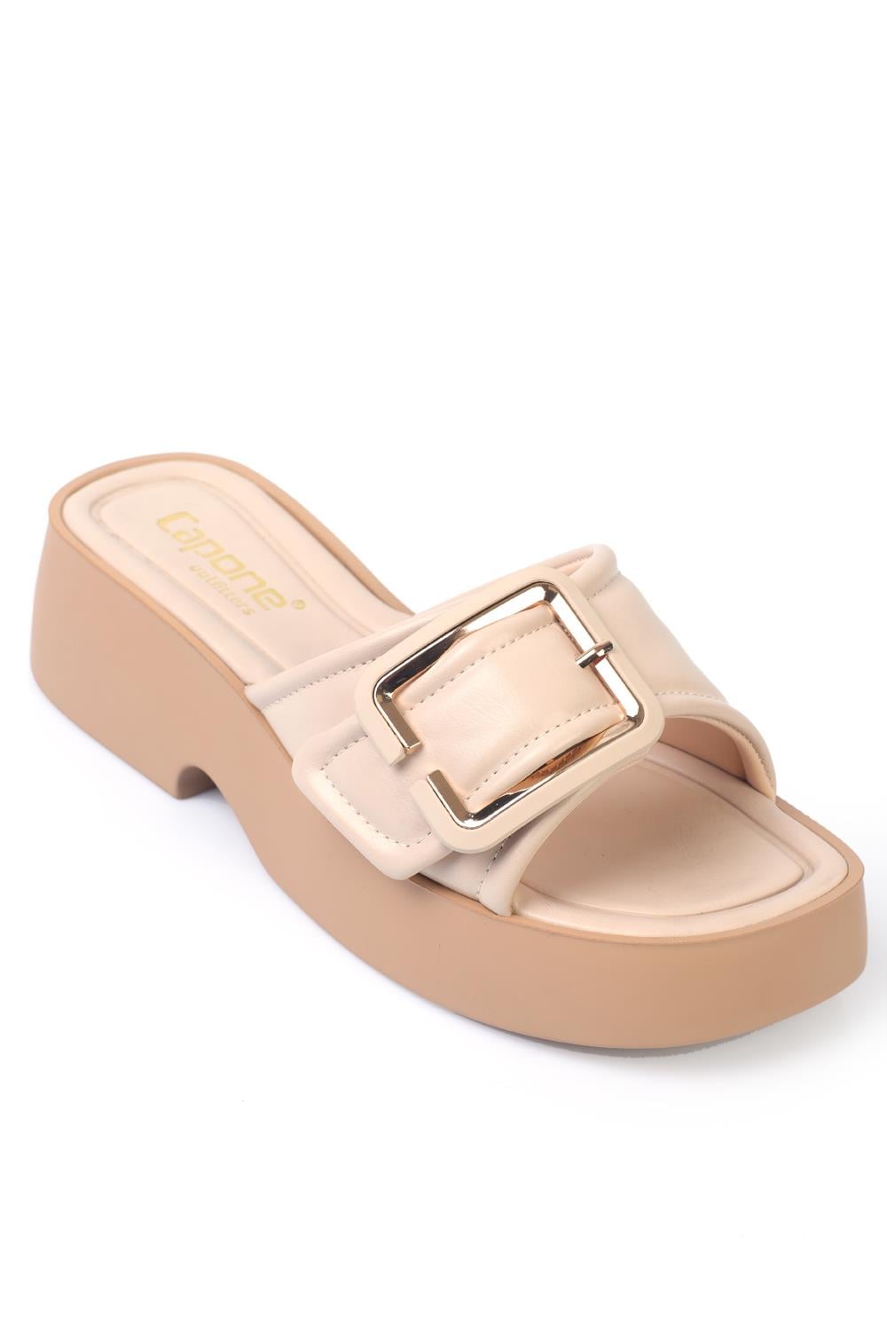 Capone Wedge Heel Single Strap Buckled Women Beige Comfort Sandals