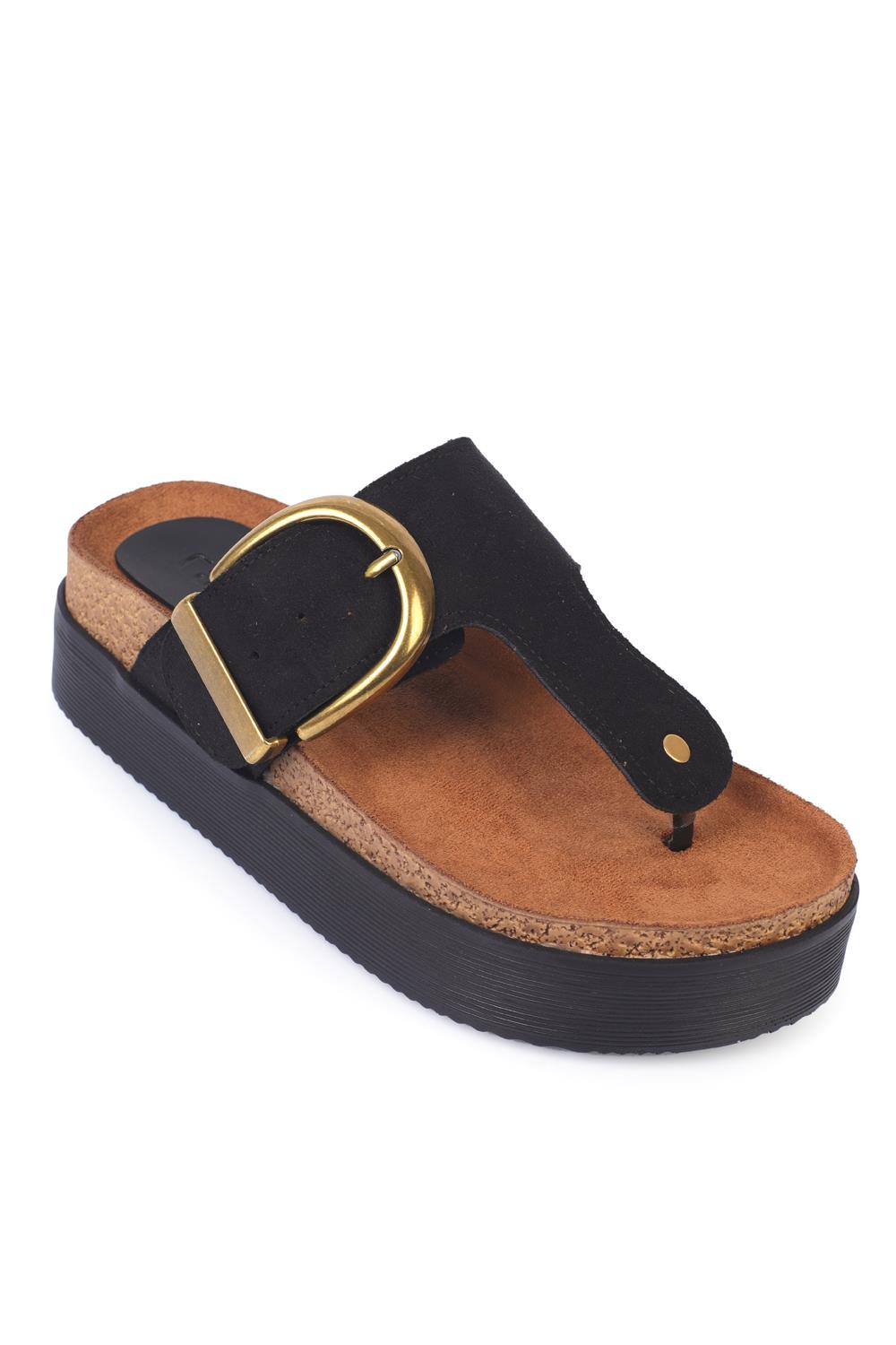 Capone Wedge Heel Thong Single Buckled Women Black Comfort Sandals