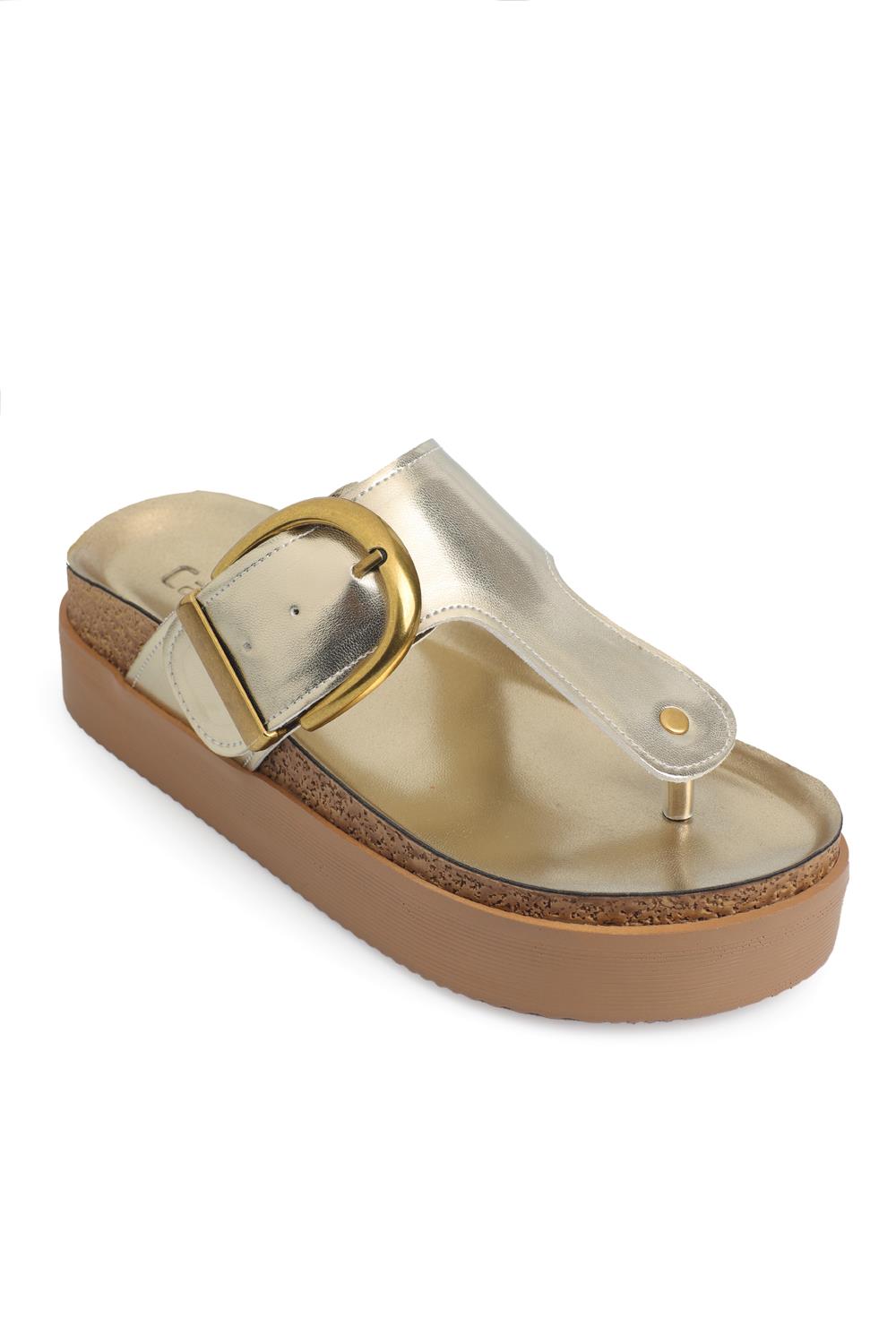Capone Wedge Heel Thong Single Buckled Women Metallic Gold Comfort Sandals