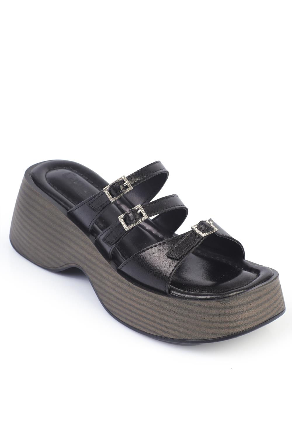 Capone Wedge Heeled Crystal Embellished Buckled Women Metallic Black Sandals