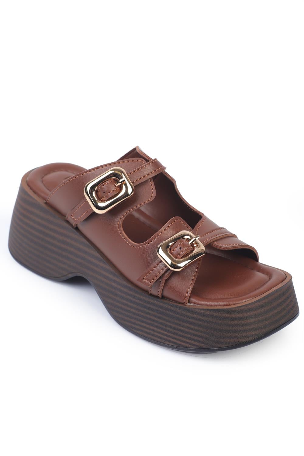 Capone Wedge Heeled Double Buckled Women Dark Brown Sandals