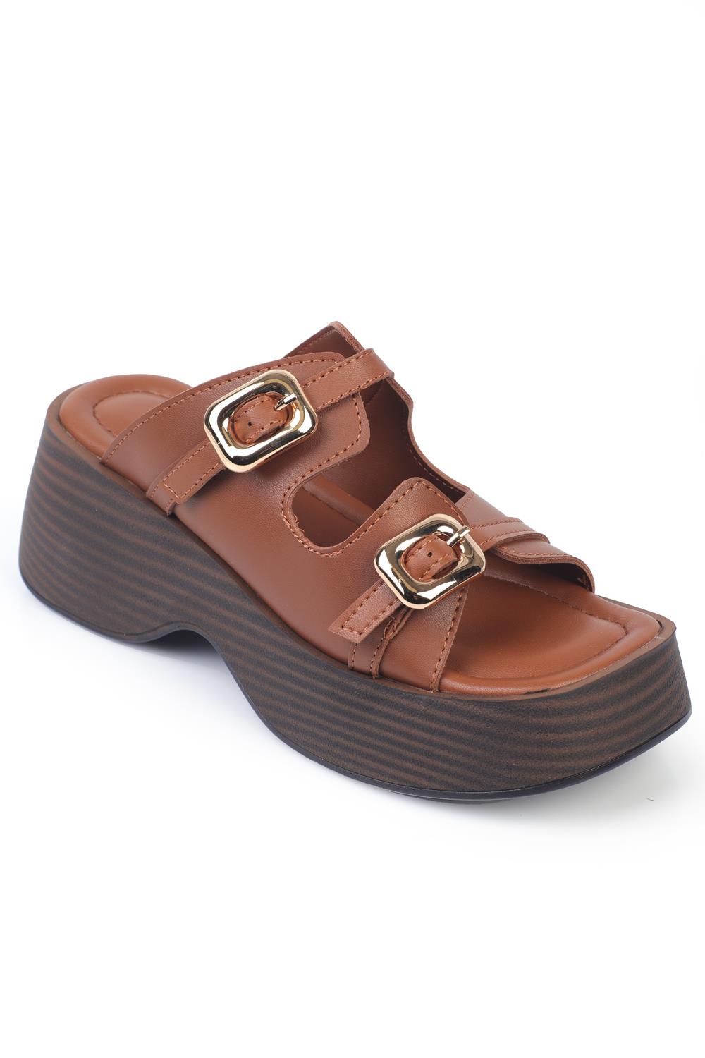 Capone Wedge Heeled Double Buckled Women Honey Sandals