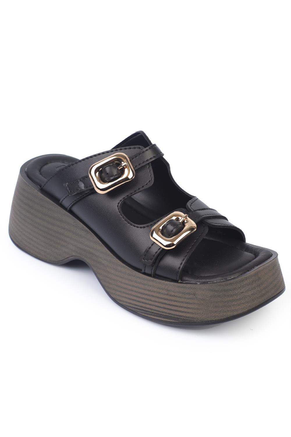 Capone Wedge Heeled Double Buckled Women Black Sandals