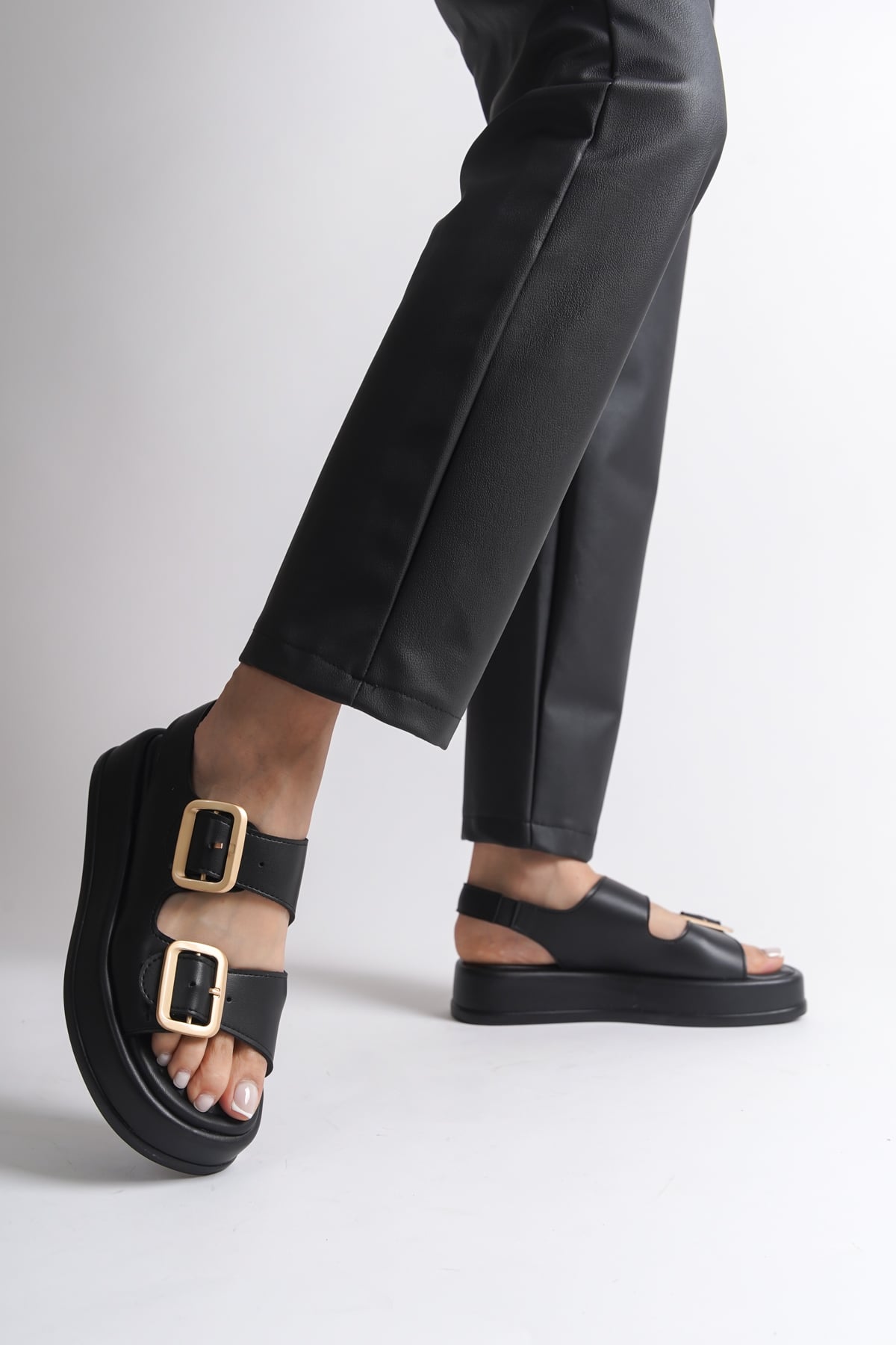 Capone Wedge Heeled Double Strap Buckle Women Black Sandals