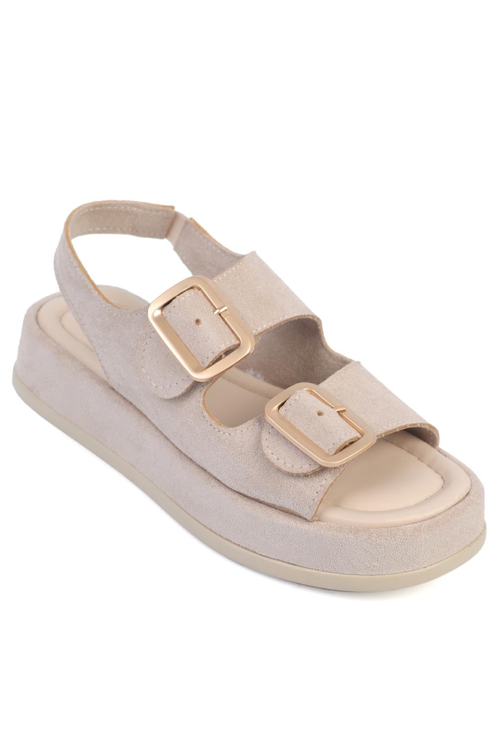 Capone Wedge Heeled Double Strap Buckle Women Beige Sandals