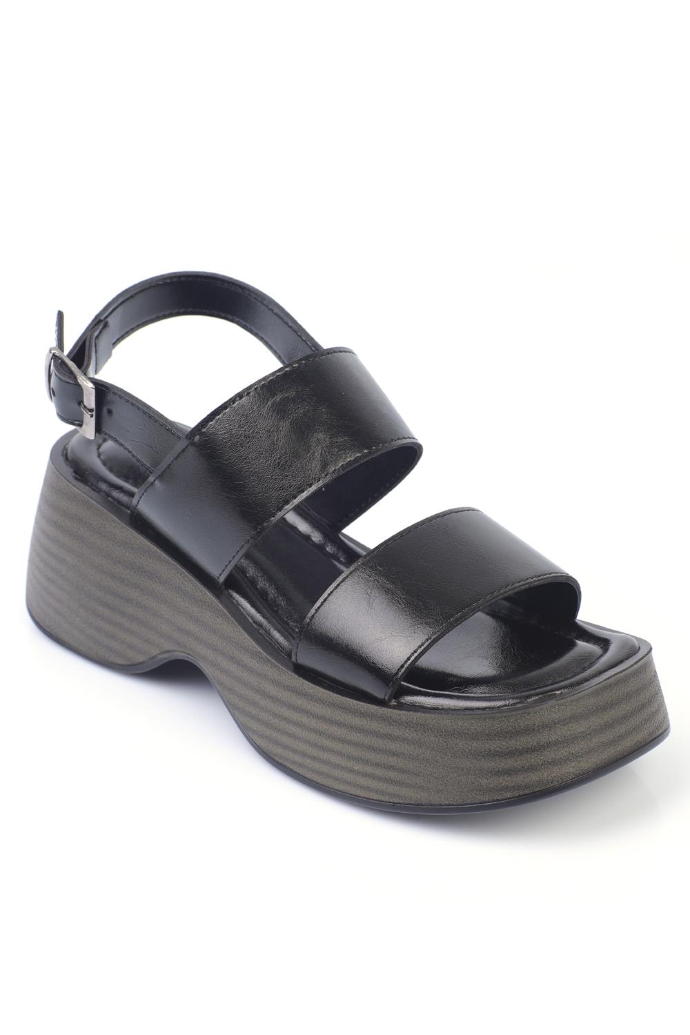 Capone Wedge Heeled Double Strap Women Black Sandals