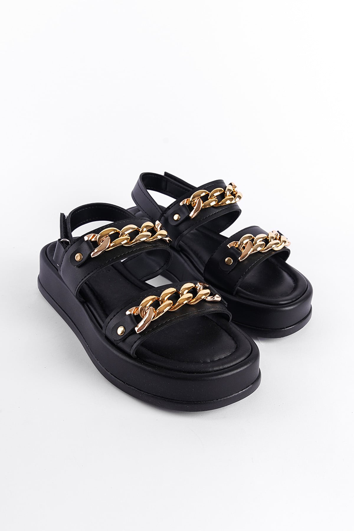 Capone Wedge Heeled Double Straps Metal Accessory Women Black Sandals