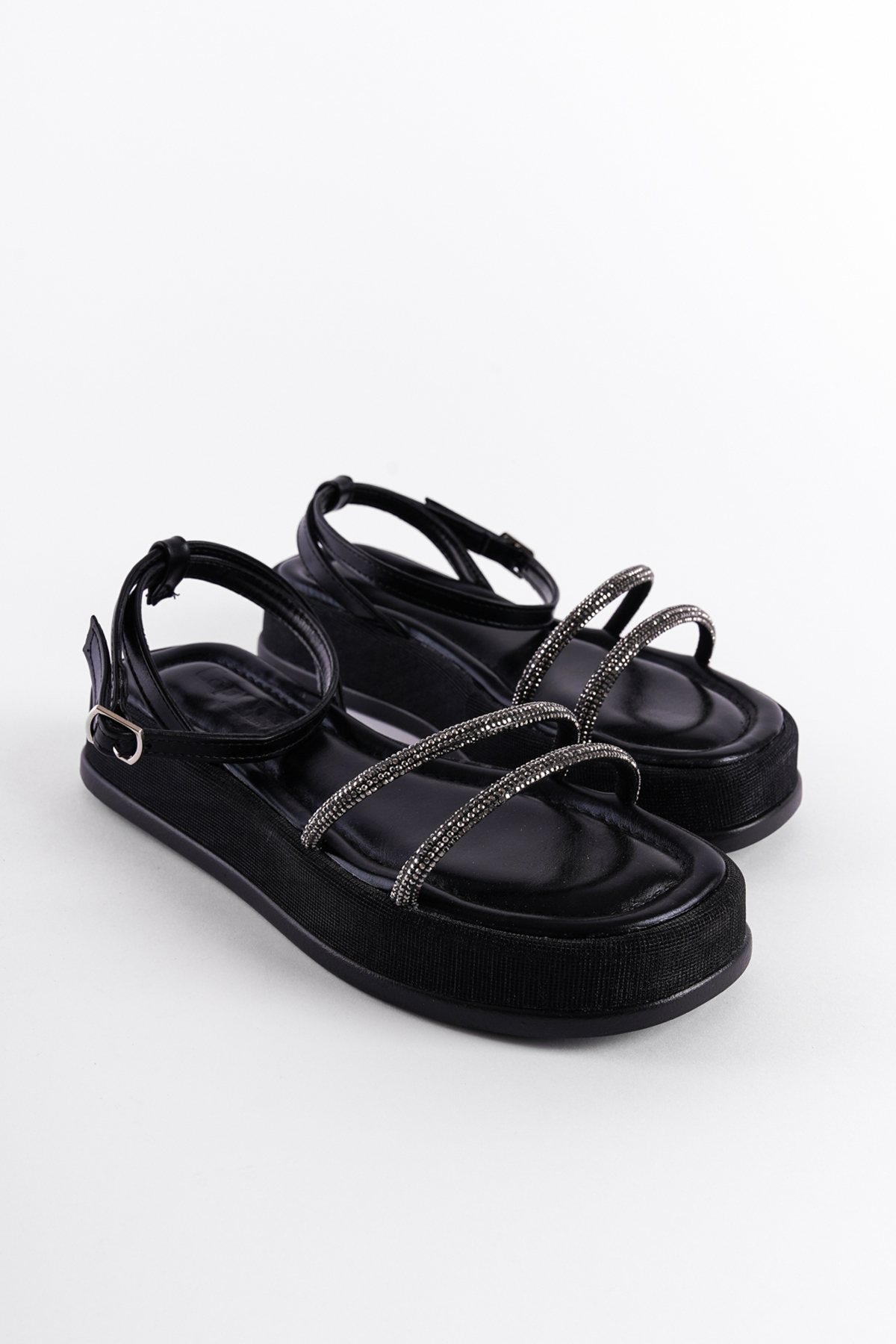 Capone Wedge Heeled Glittery Crystal Embellished Banded Women Black Sandals