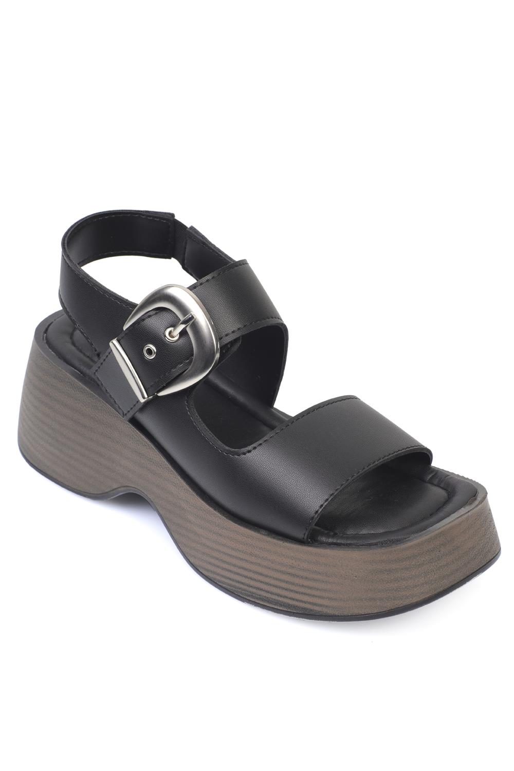 Capone Wedge Heeled Single Buckled Women Black Sandals