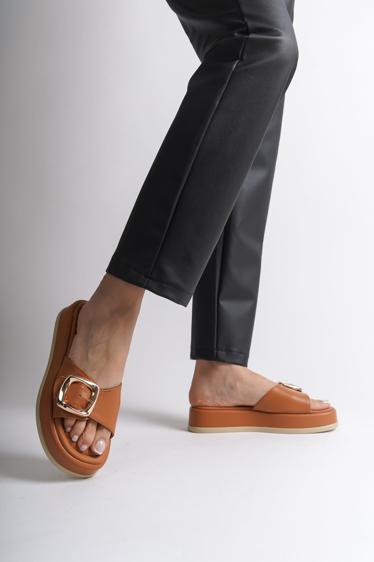 Capone Wedge Heeled Single Strap Buckle Women Tan Sandals